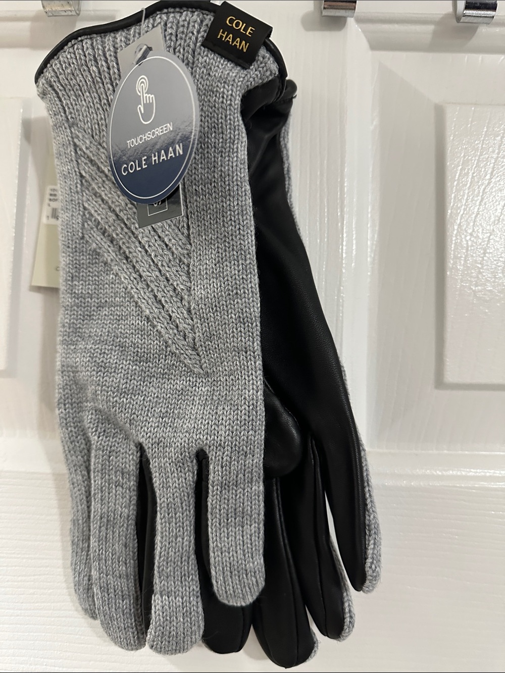 Cole Haan Gray Knit and Black Leather Touchscreen Gloves - Women's